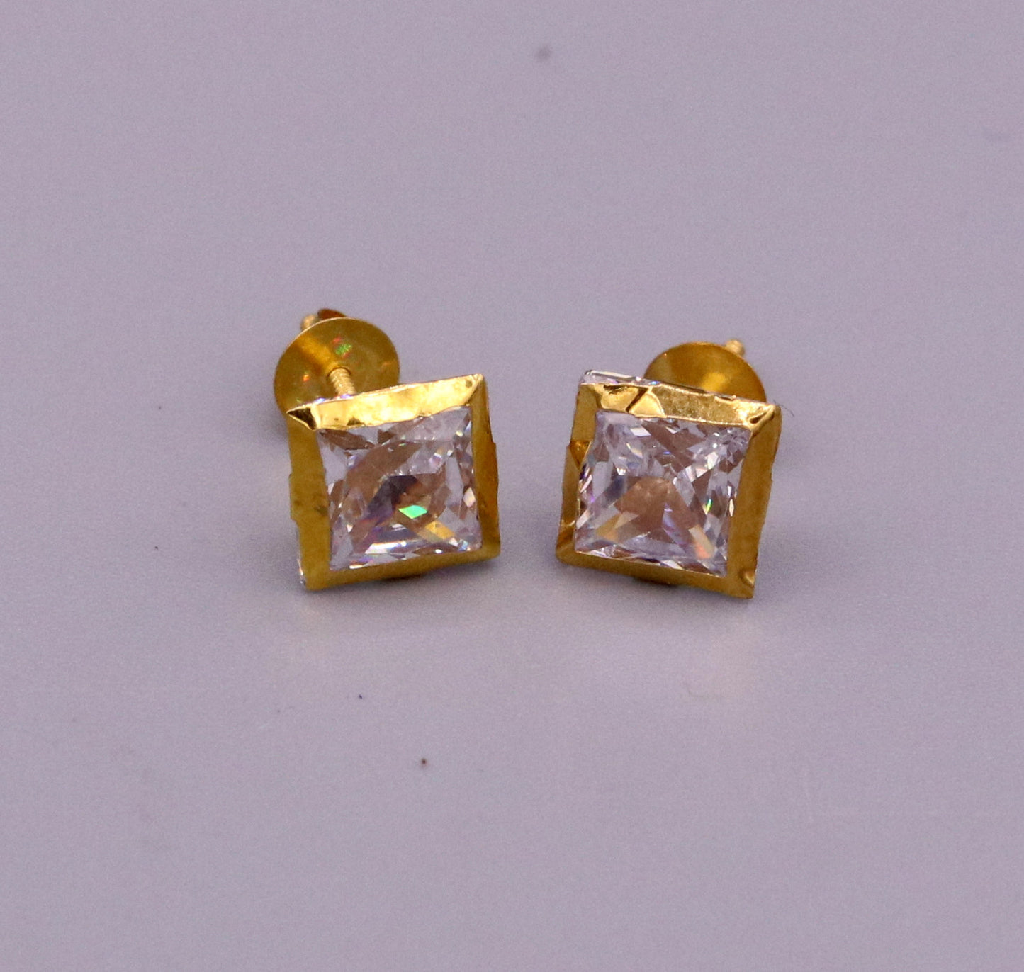 18 karat yellow gold handmade amazing square shape cubic zircon stone stud earring unisex jewelry er89 - TRIBAL ORNAMENTS