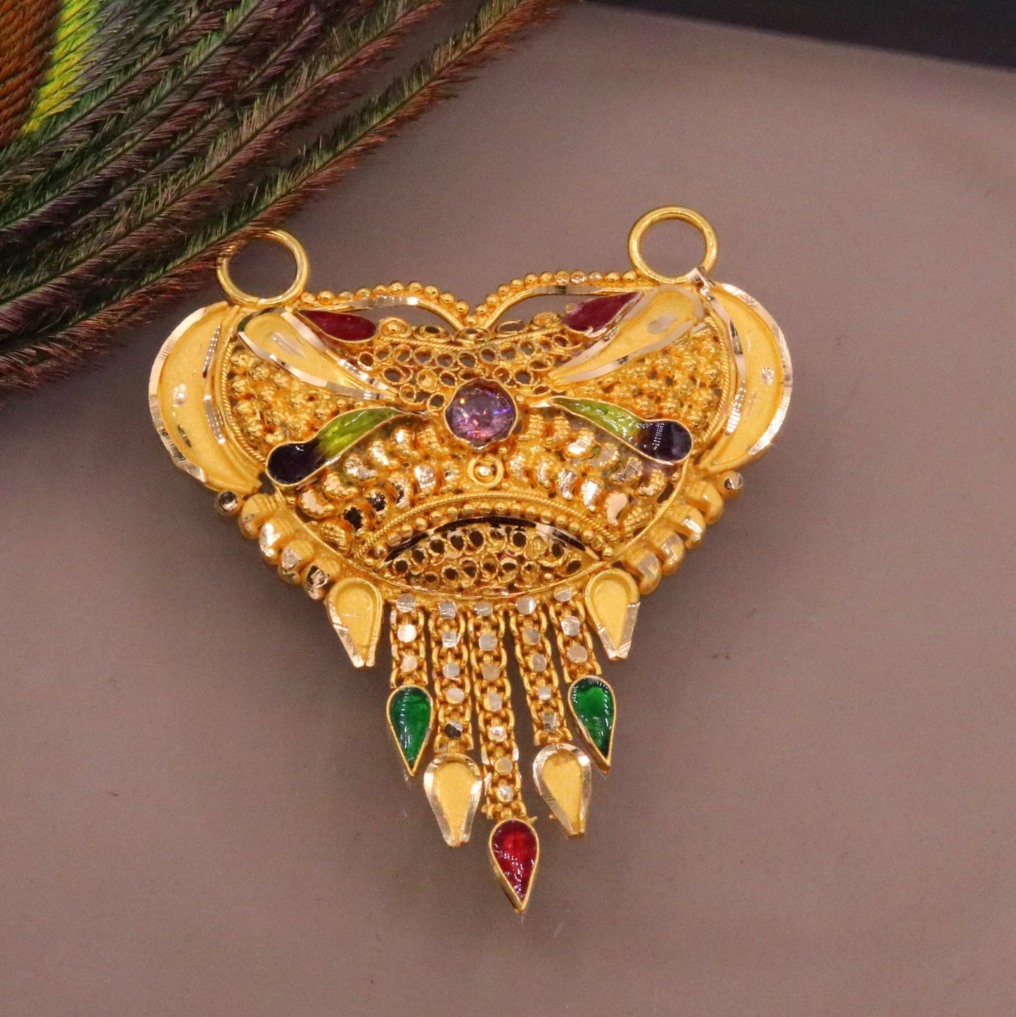 Handcrafted 22k yellow gold 916 hallmarked filigree work solid pendant necklace traditional art of indian tribal jewelry gp10 - TRIBAL ORNAMENTS