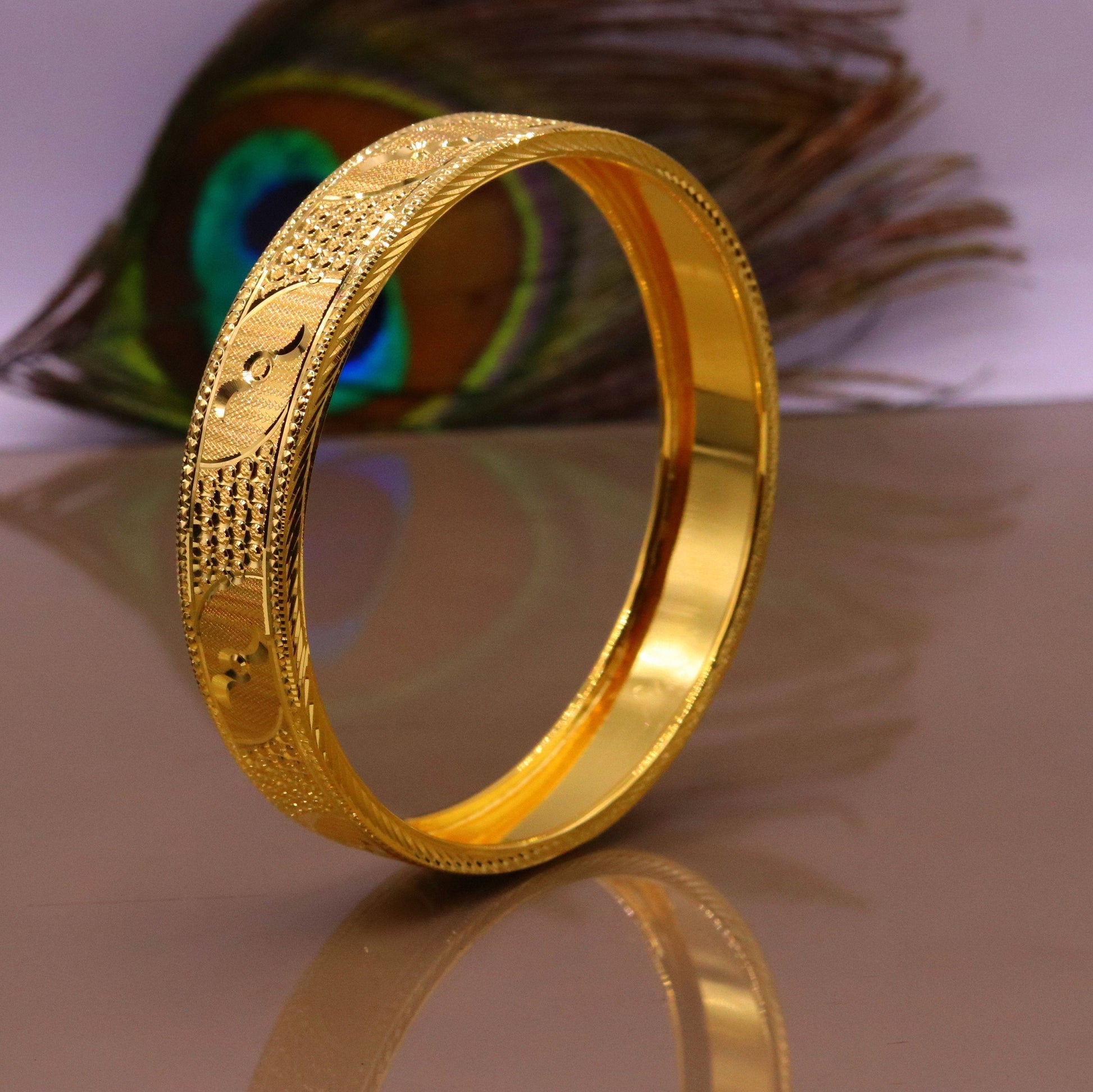 Certified 22kt yellow gold handmade solid bangle bracelet kada jewelry fabulous diamond cut designer jewelry for women's ba46 - TRIBAL ORNAMENTS