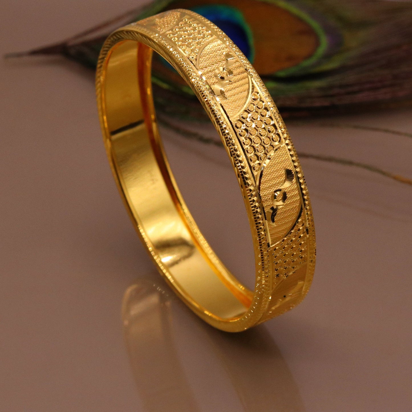 Certified 22kt yellow gold handmade solid bangle bracelet kada jewelry fabulous diamond cut designer jewelry for women's ba46 - TRIBAL ORNAMENTS