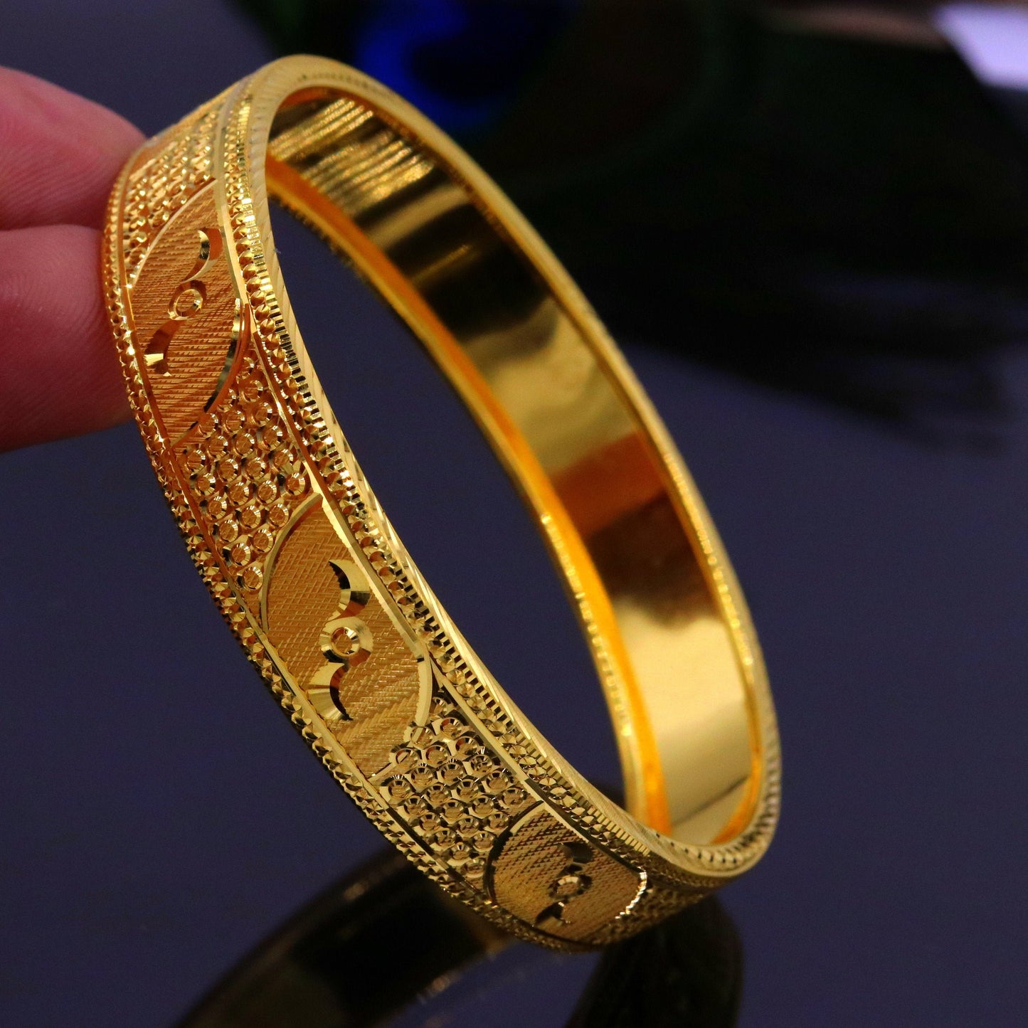 Certified 22kt yellow gold handmade solid bangle bracelet kada jewelry fabulous diamond cut designer jewelry for women's ba46 - TRIBAL ORNAMENTS