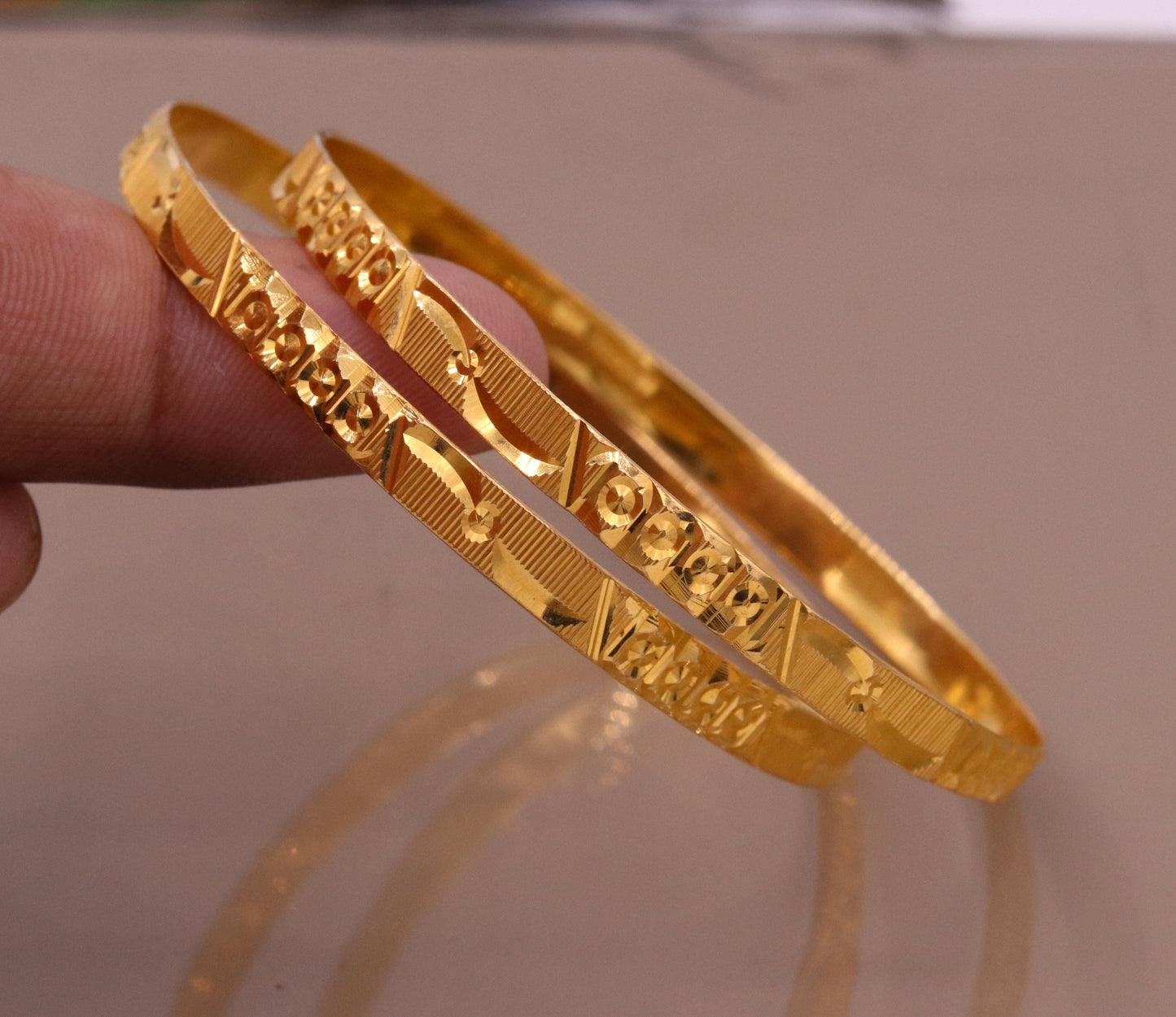 Genuine 22kt yellow gold handmade solid bangle bracelet kada jewelry stylish diamond cut designer jewelry for women's ba47 - TRIBAL ORNAMENTS