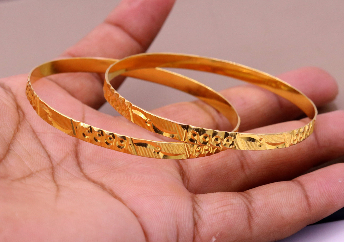Genuine 22kt yellow gold handmade solid bangle bracelet kada jewelry stylish diamond cut designer jewelry for women's ba47 - TRIBAL ORNAMENTS