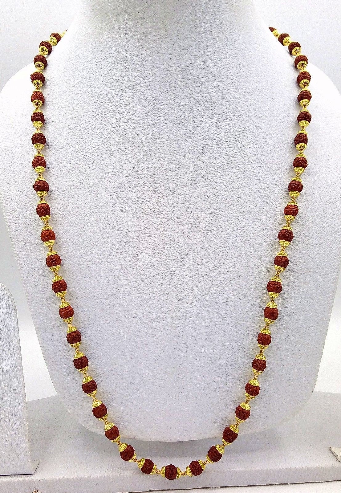 Natural rudraksha 54 bead japp mala certified 22kt yellow gold gorgeous handmade 25 inches beads chain necklace From rajasthan - TRIBAL ORNAMENTS