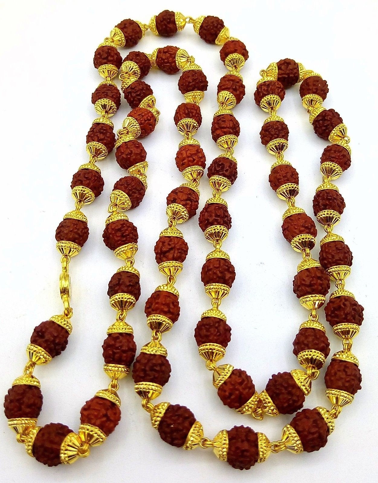 Natural rudraksha 54 bead japp mala certified 22kt yellow gold gorgeous handmade 25 inches beads chain necklace From rajasthan - TRIBAL ORNAMENTS