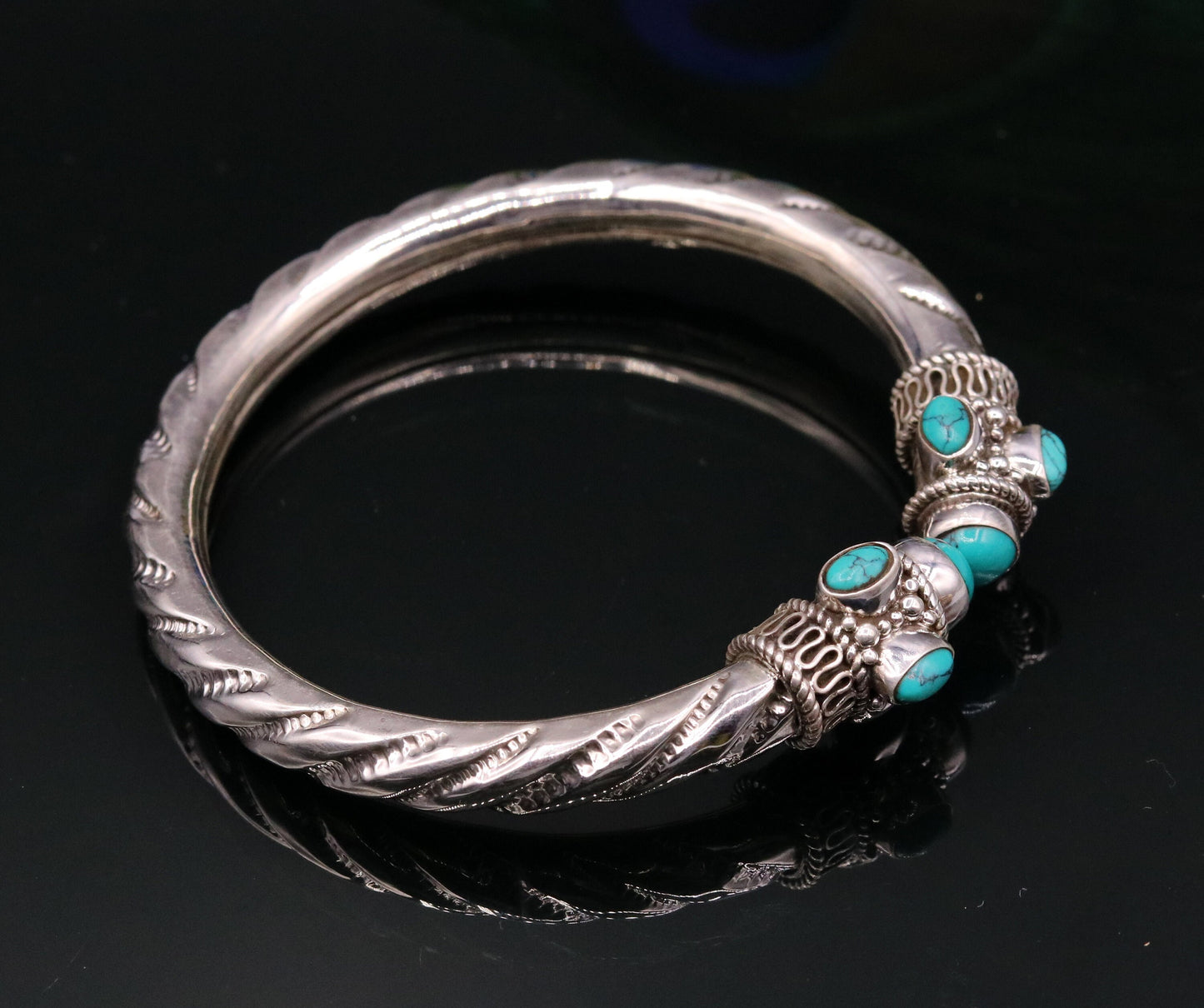 Vintage design handmade 925 sterling silver fabulous turquoise stone jadau bangle bracelet kada unisex customized jewelry from india nsk73 - TRIBAL ORNAMENTS