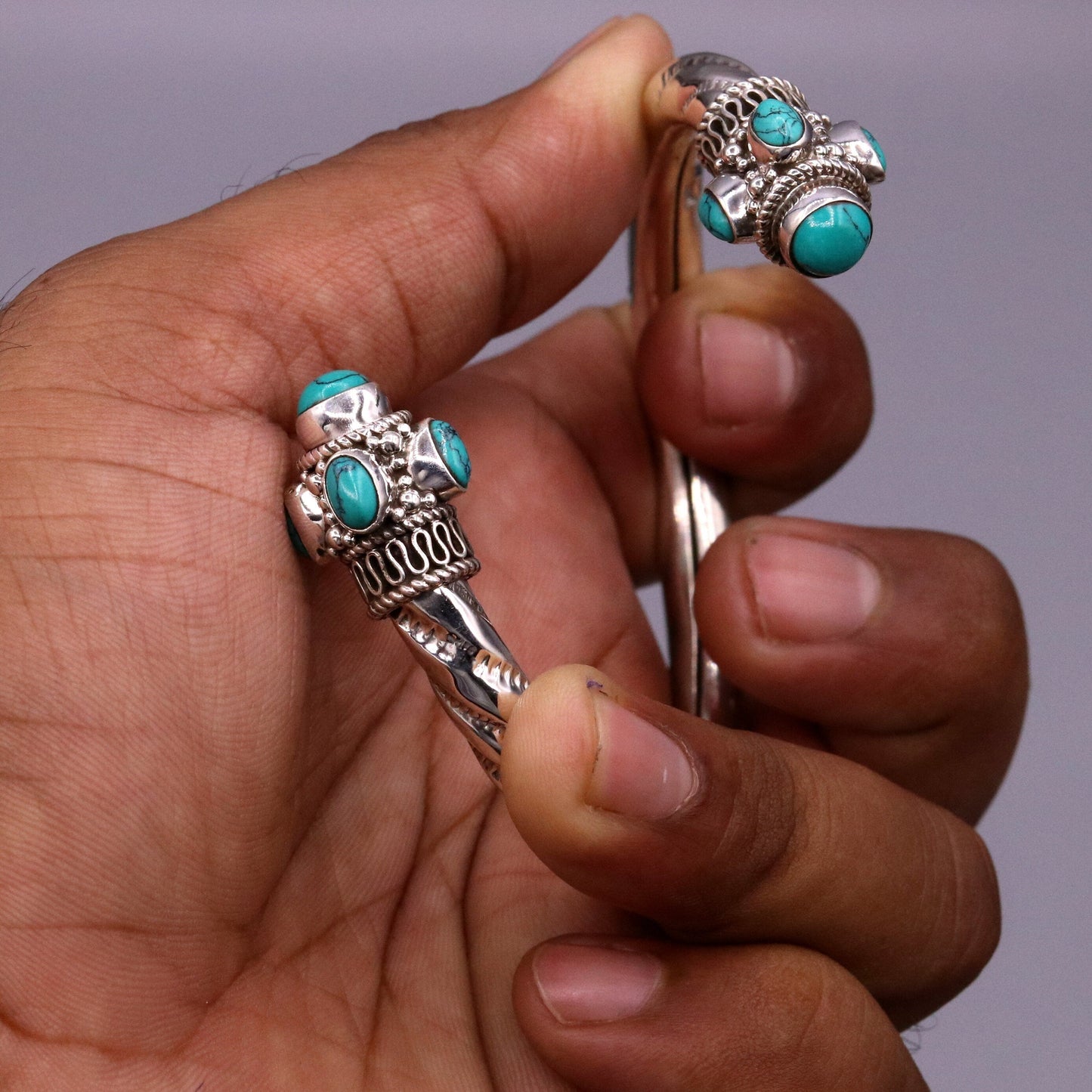Vintage design handmade 925 sterling silver fabulous turquoise stone jadau bangle bracelet kada unisex customized jewelry from india nsk73 - TRIBAL ORNAMENTS