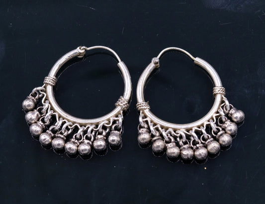 925 Sterling silver handmade fabulous hoops earrings with hanging bells amazing antique designer earrings jewelry for girl's s334 - TRIBAL ORNAMENTS