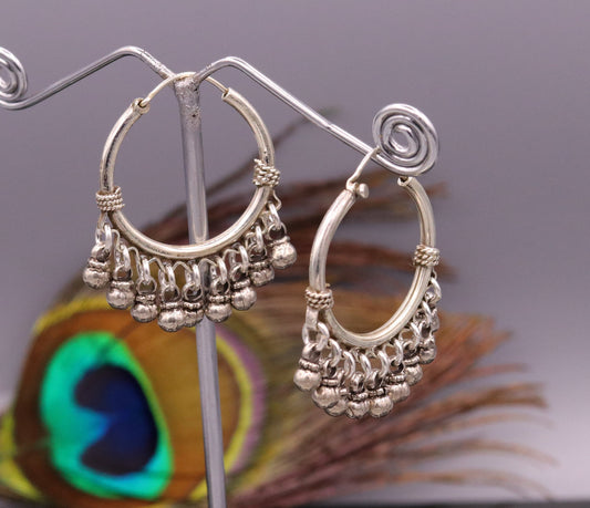 925 Sterling silver handmade fabulous hoops earrings with hanging bells amazing antique designer earrings jewelry for girl's s334 - TRIBAL ORNAMENTS