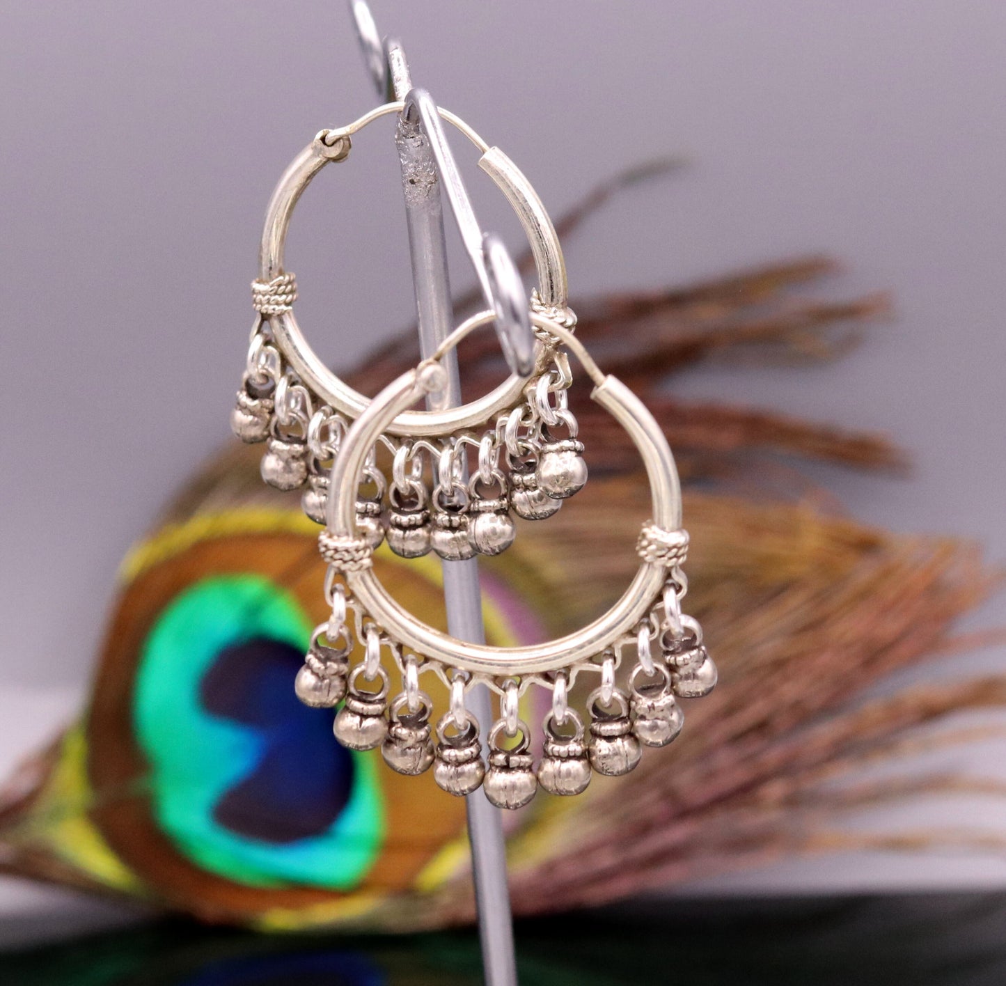 925 Sterling silver handmade fabulous hoops earrings with hanging bells amazing antique designer earrings jewelry for girl's s334 - TRIBAL ORNAMENTS