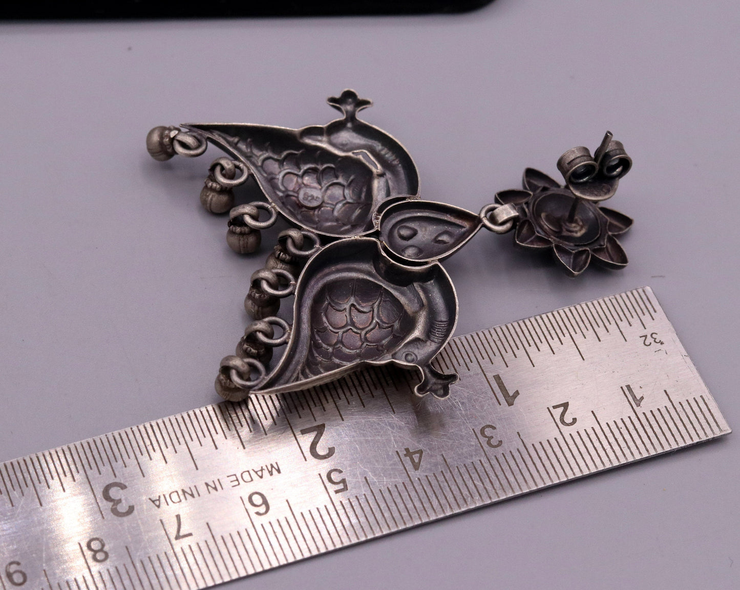 925 sterling silver Vintage antique style peacock Earrings with hanging bells stud earrings belly dance jewelry form girls women's s347 - TRIBAL ORNAMENTS