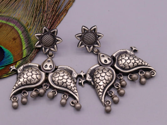 925 sterling silver Vintage antique style peacock Earrings with hanging bells stud earrings belly dance jewelry form girls women's s347 - TRIBAL ORNAMENTS