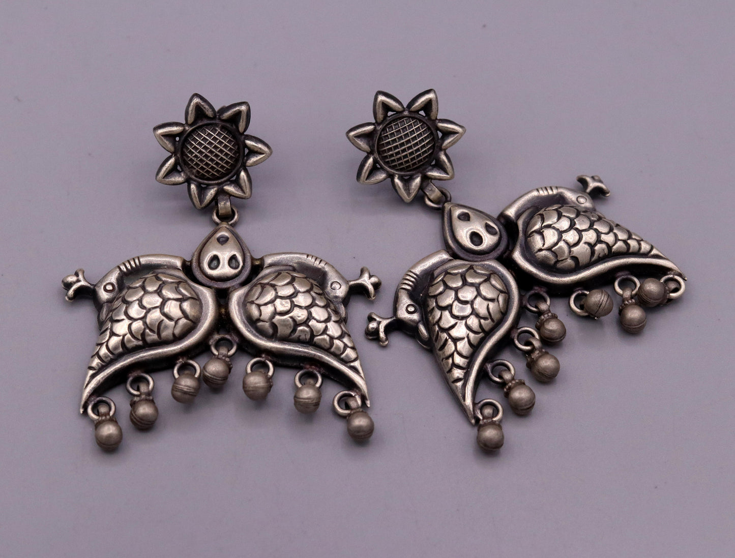 925 sterling silver Vintage antique style peacock Earrings with hanging bells stud earrings belly dance jewelry form girls women's s347 - TRIBAL ORNAMENTS