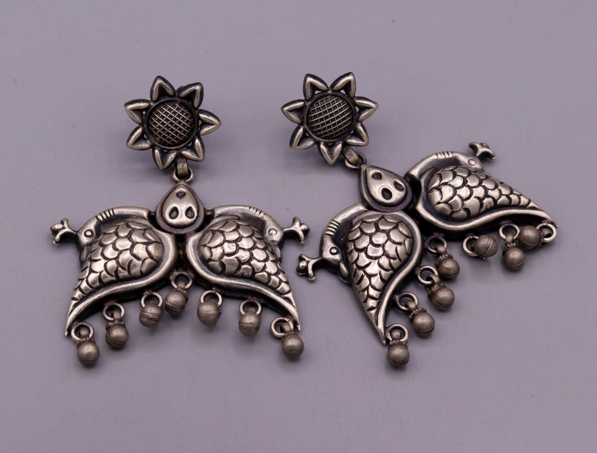 925 sterling silver Vintage antique style peacock Earrings with hanging bells stud earrings belly dance jewelry form girls women's s347 - TRIBAL ORNAMENTS