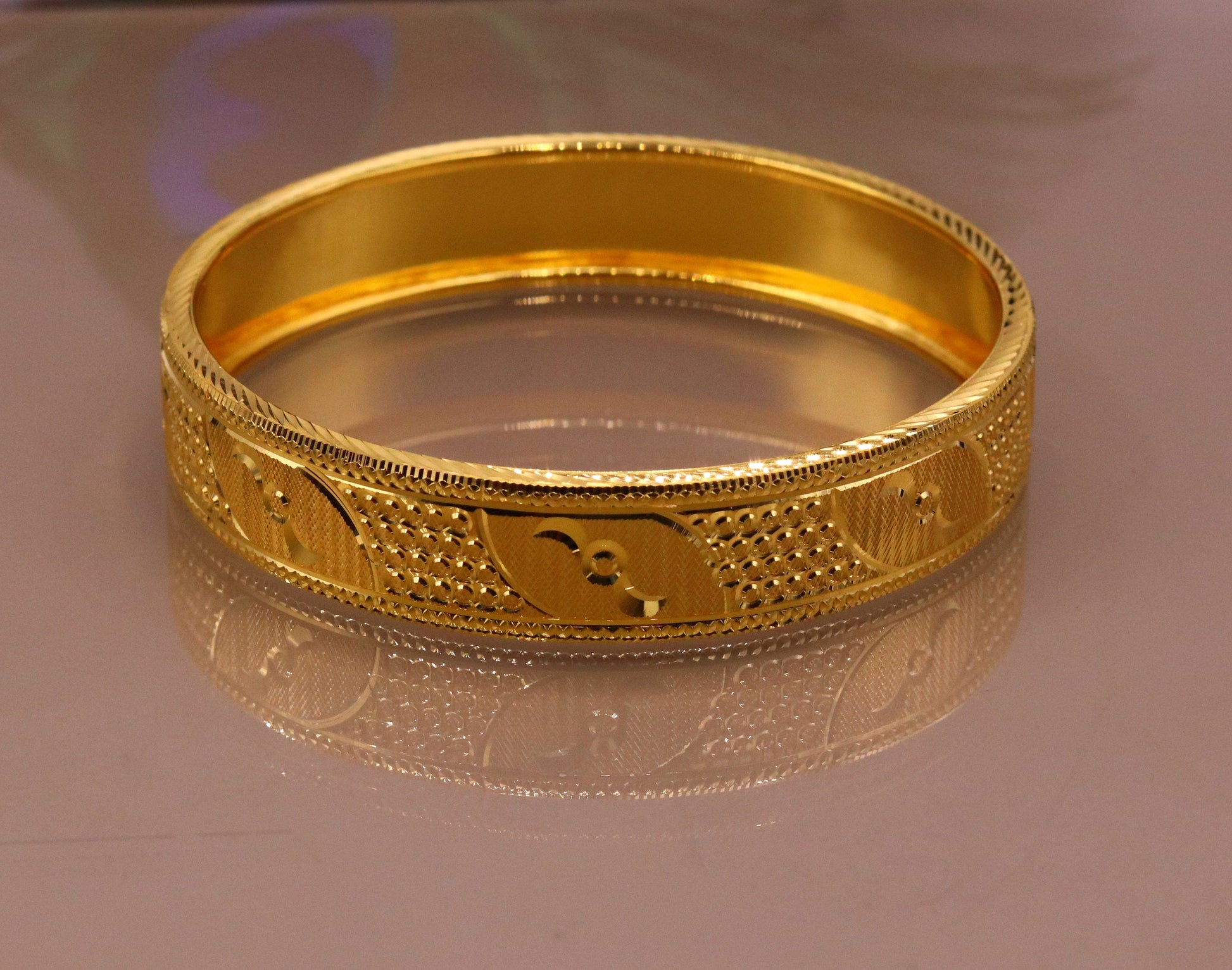 Certified 22kt yellow gold handmade solid bangle bracelet kada jewelry fabulous diamond cut designer jewelry for women's ba46 - TRIBAL ORNAMENTS