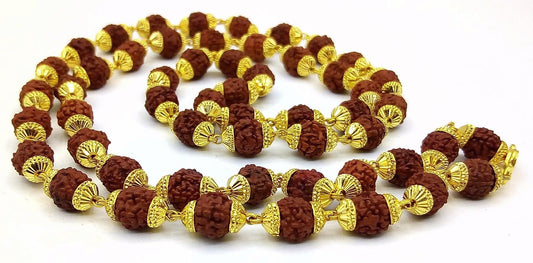 Natural rudraksha 54 bead japp mala certified 22kt yellow gold gorgeous handmade 25 inches beads chain necklace From rajasthan - TRIBAL ORNAMENTS