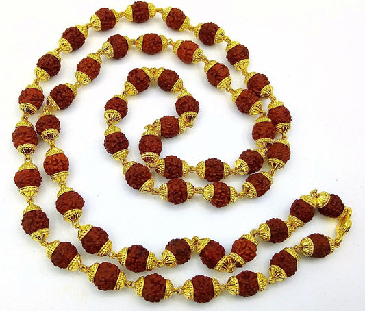 Natural rudraksha 54 bead japp mala certified 22kt yellow gold gorgeous handmade 25 inches beads chain necklace From rajasthan - TRIBAL ORNAMENTS