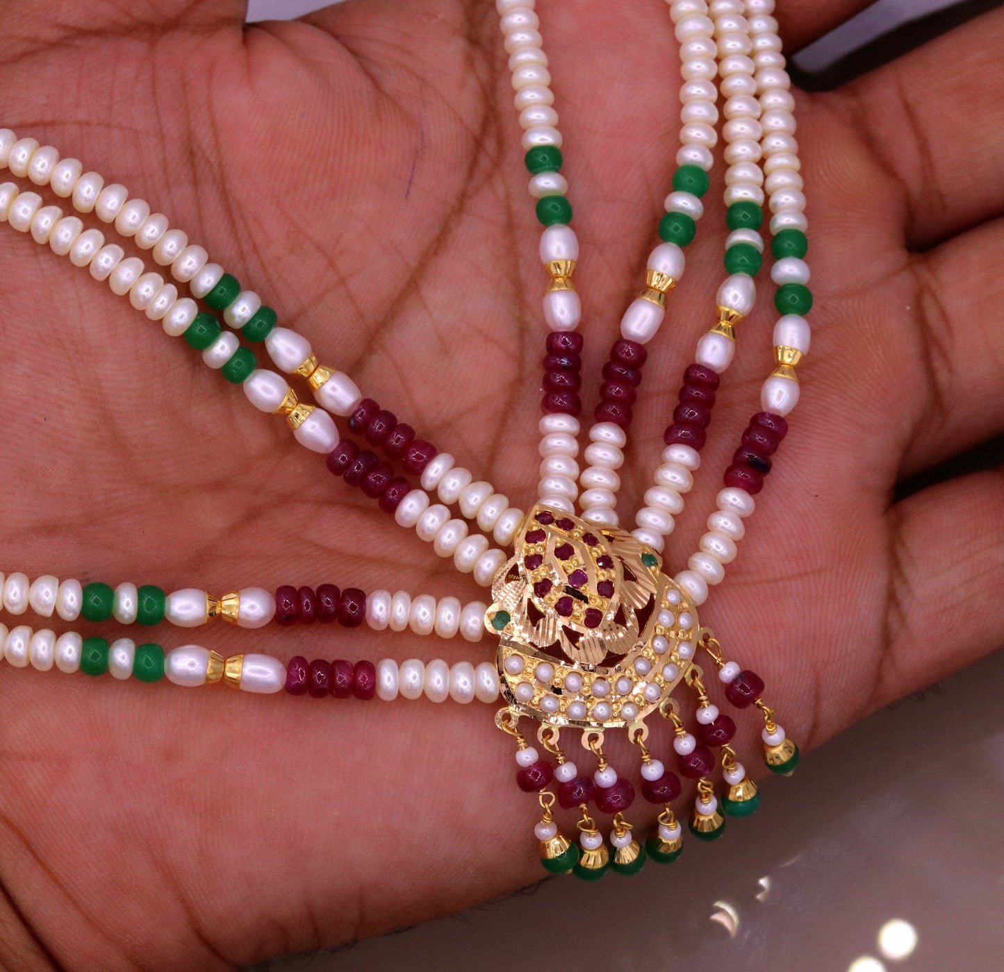 Handmade genuine 22kt yellow gold handmade gorgeous necklace set with fabulous color beads , wedding tribal rajput punjabijewelry india - TRIBAL ORNAMENTS