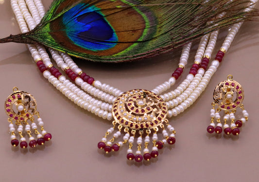 Handmade 22kt yellow gold genuine necklace set string with pearl ruby(imitation beads) punjabi muslim rajputi jewelry - TRIBAL ORNAMENTS