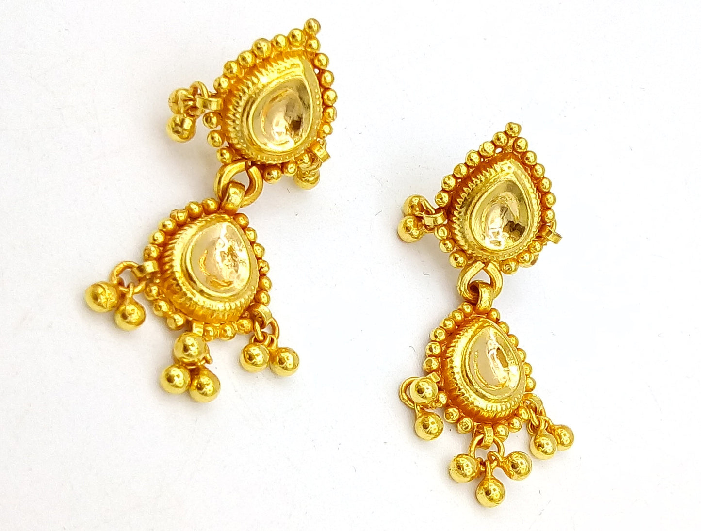 22kt yellow gold handmade vintage antique design tussi pattern tribal earring dangle with hanging bells tribal jewelry from india - TRIBAL ORNAMENTS
