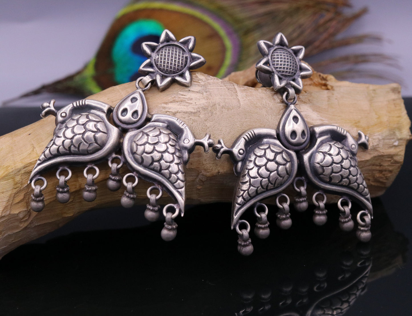 925 sterling silver Vintage antique style peacock Earrings with hanging bells stud earrings belly dance jewelry form girls women's s347 - TRIBAL ORNAMENTS