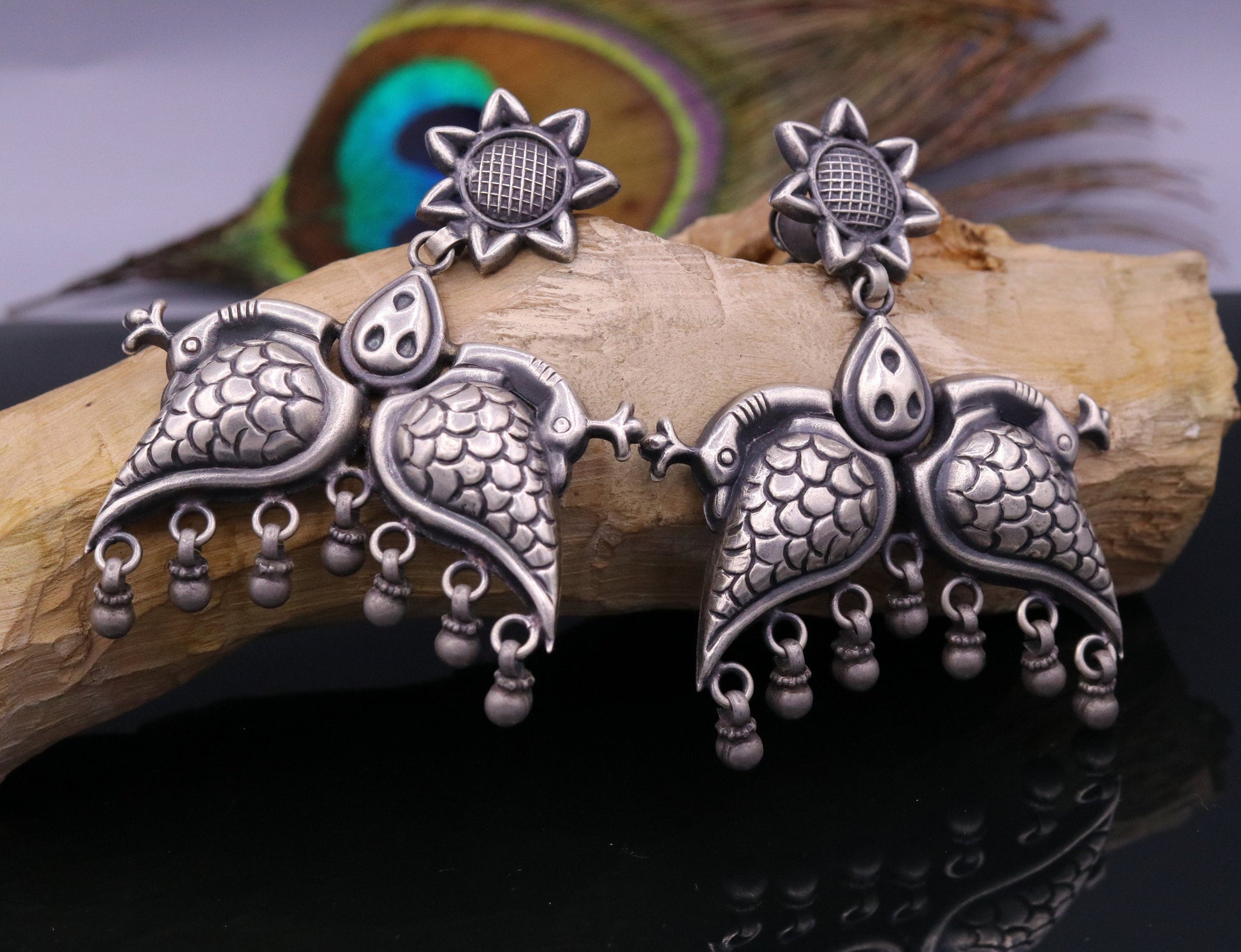 925 sterling silver Vintage antique style peacock Earrings with hanging bells stud earrings belly dance jewelry form girls women's s347 - TRIBAL ORNAMENTS