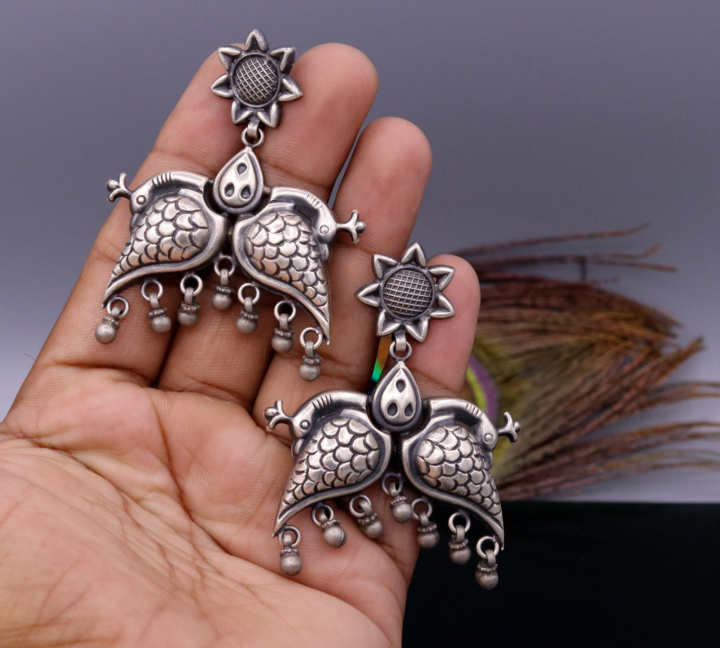 925 sterling silver Vintage antique style peacock Earrings with hanging bells stud earrings belly dance jewelry form girls women's s347 - TRIBAL ORNAMENTS