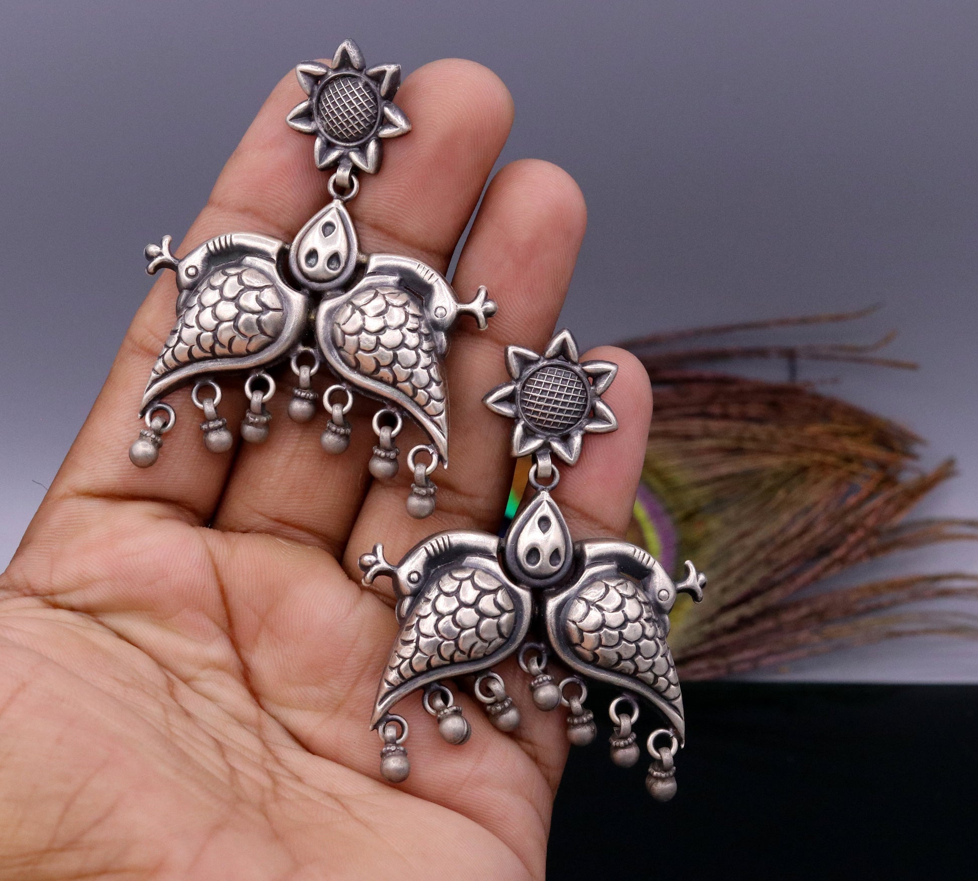 925 sterling silver Vintage antique style peacock Earrings with hanging bells stud earrings belly dance jewelry form girls women's s347 - TRIBAL ORNAMENTS