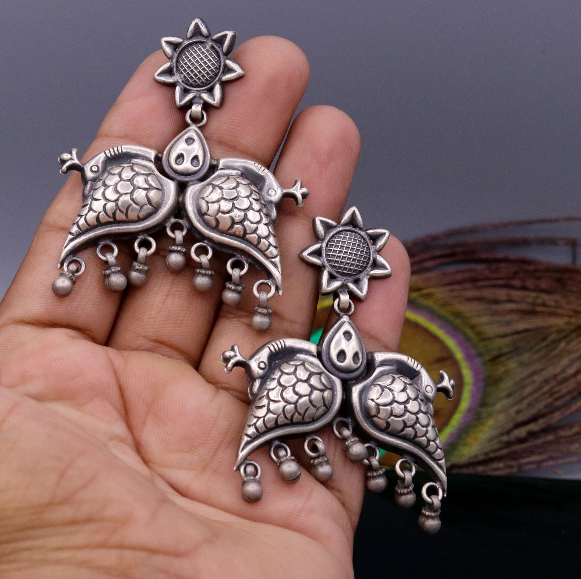 925 sterling silver Vintage antique style peacock Earrings with hanging bells stud earrings belly dance jewelry form girls women's s347 - TRIBAL ORNAMENTS