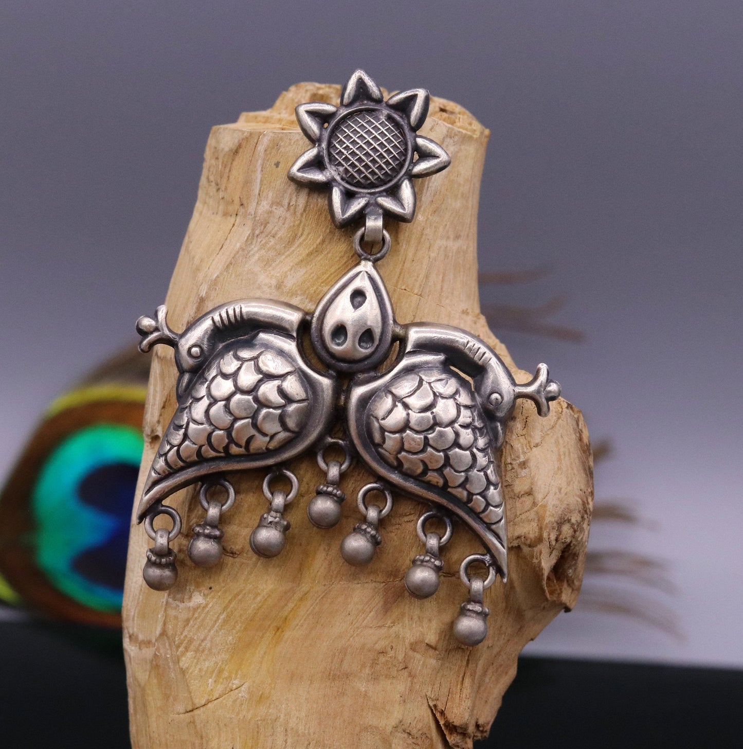 925 sterling silver Vintage antique style peacock Earrings with hanging bells stud earrings belly dance jewelry form girls women's s347 - TRIBAL ORNAMENTS