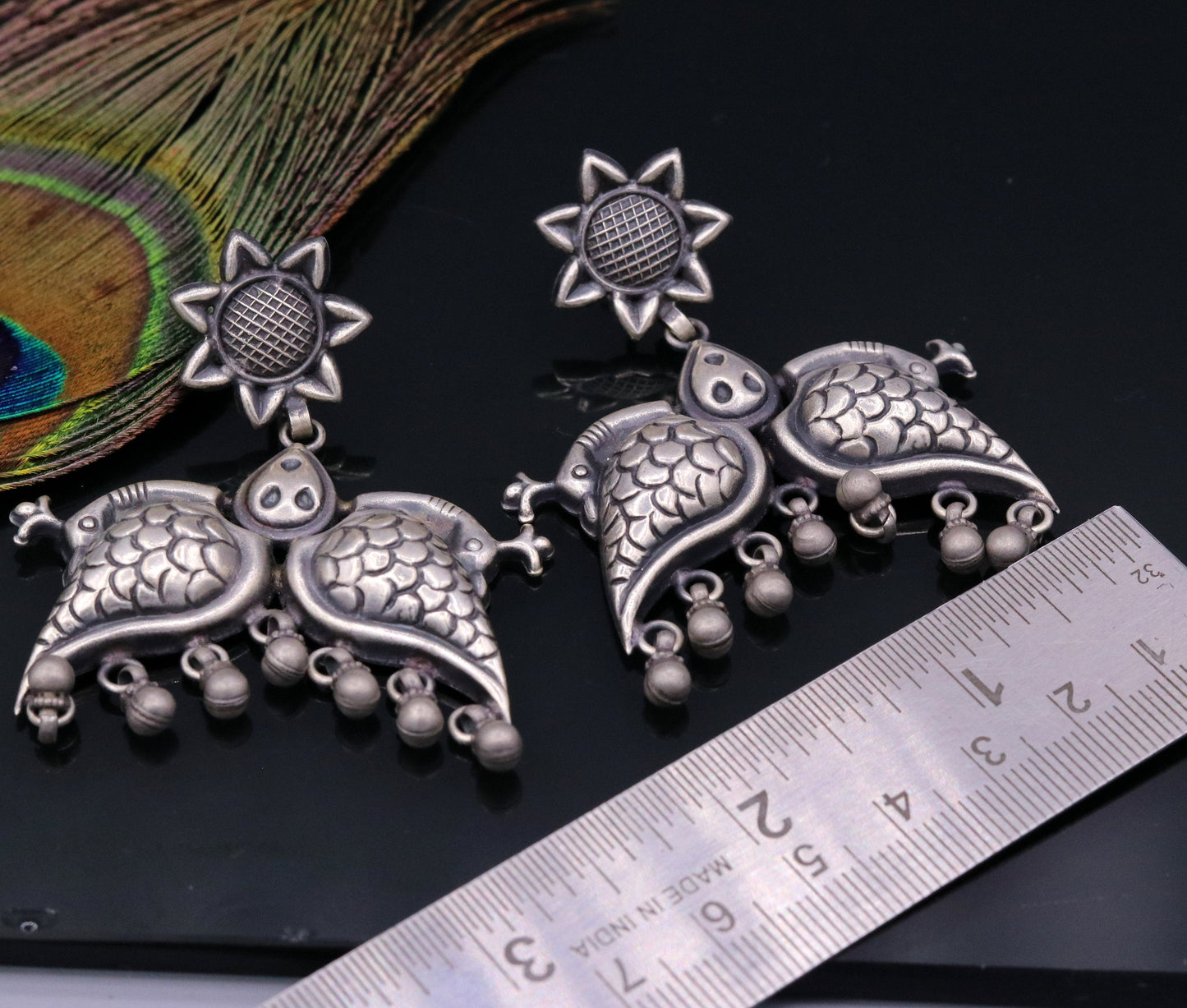 925 sterling silver Vintage antique style peacock Earrings with hanging bells stud earrings belly dance jewelry form girls women's s347 - TRIBAL ORNAMENTS