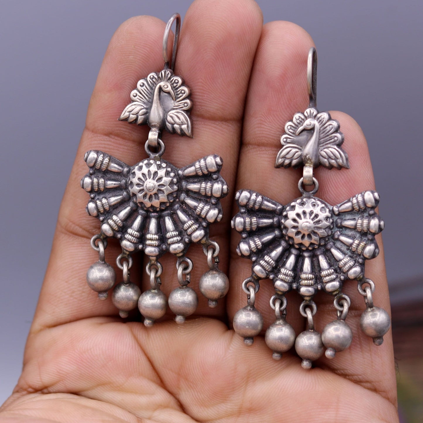 925 sterling silver handmade Vintage antique design gorgeous hoops earrings hanging jingle bells tribal jewelry s354 - TRIBAL ORNAMENTS