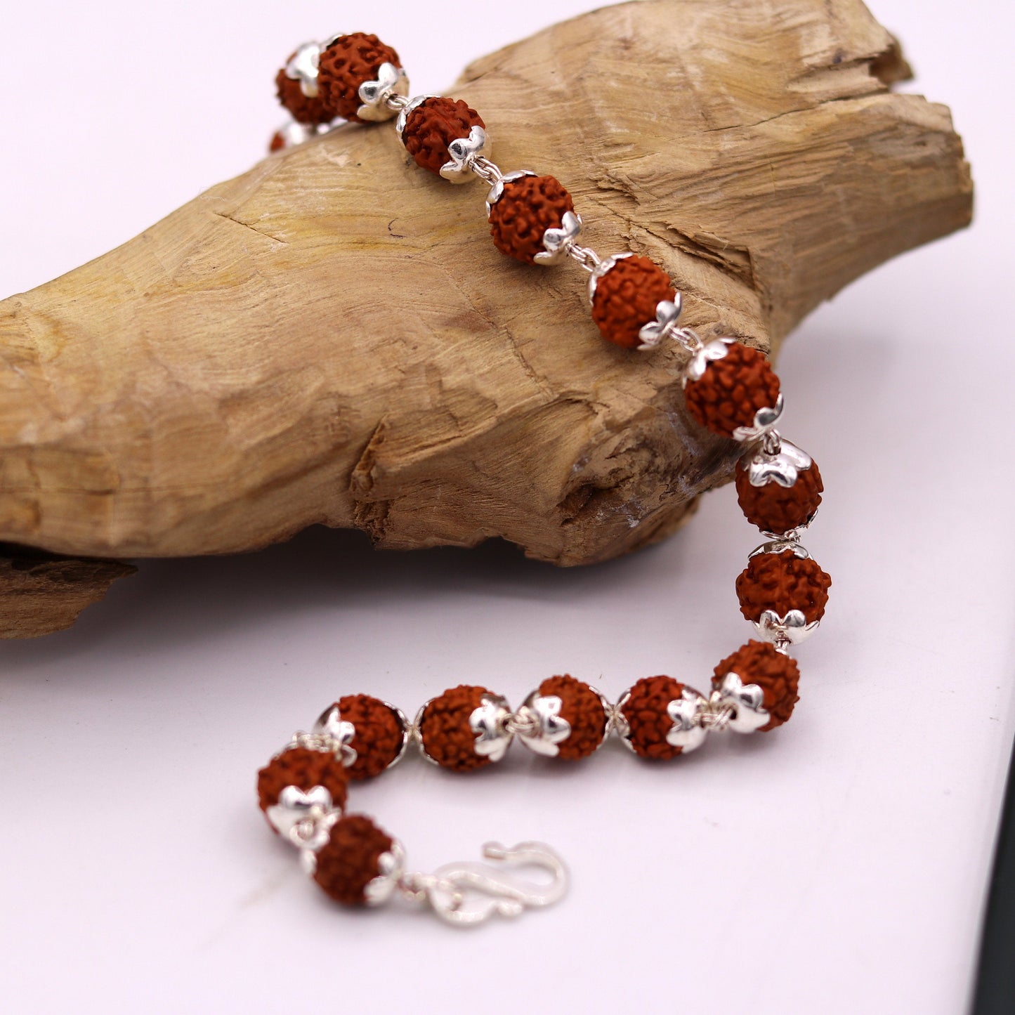 Solid silver handmade Natural Rudraksha beads 8.5 inches long bracelet jewelry from rajasthan india sbr50 - TRIBAL ORNAMENTS
