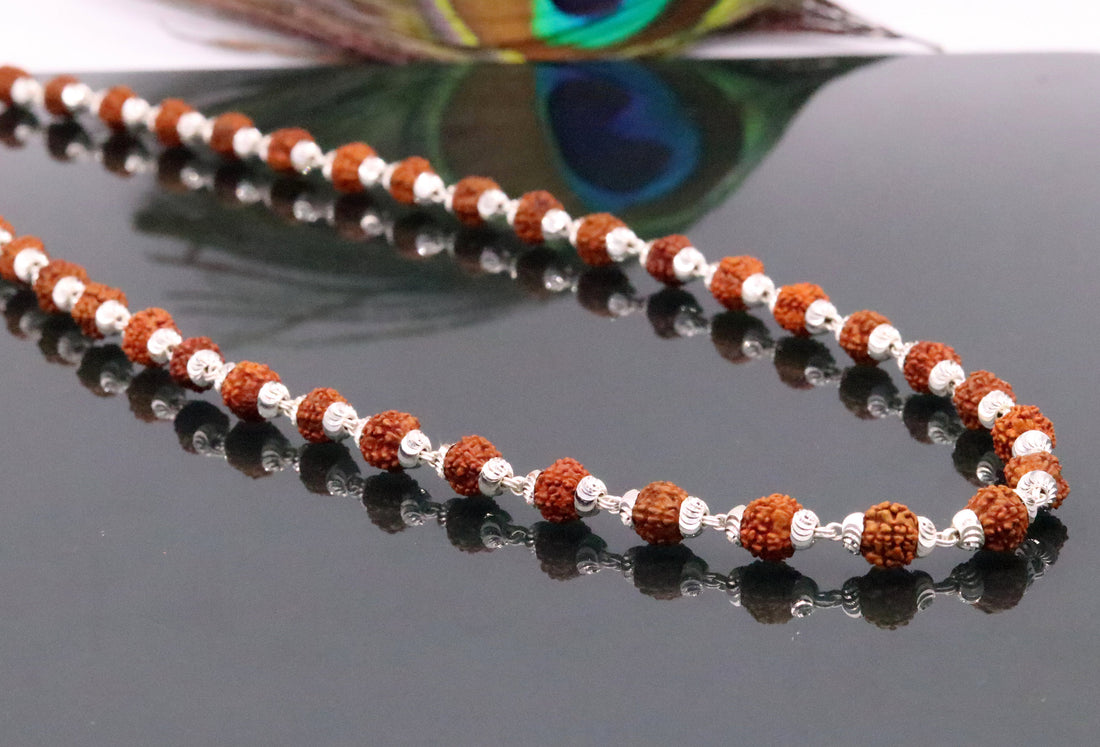 Handmade Sterling silver gorgeous natural rudraksh beads 26 inches long 54 beads japp mala necklace from rajasthan india ch38 - TRIBAL ORNAMENTS