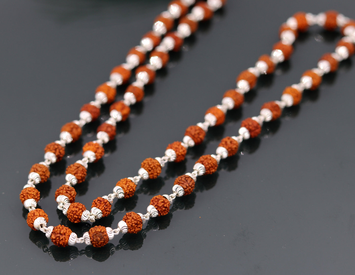 Handmade Sterling silver gorgeous natural rudraksh beads 26 inches long 54 beads japp mala necklace from rajasthan india ch38 - TRIBAL ORNAMENTS