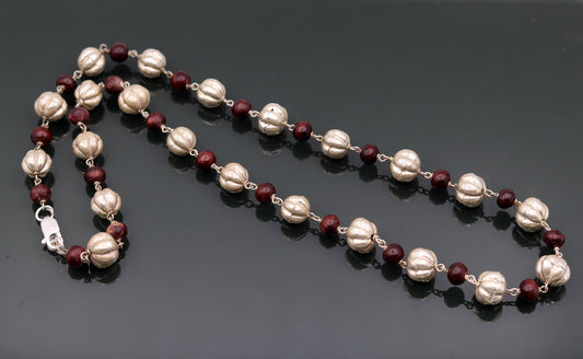 Sterling silver handmade vintage atique silver beads with sandal wood beads necklace chain tribal jewelry from rajathan india sch06 - TRIBAL ORNAMENTS