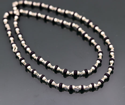 Handmade Sterling silver black basil rosary wood beads chain necklace for meditation excellent unisex tulsimala from india ch40 - TRIBAL ORNAMENTS