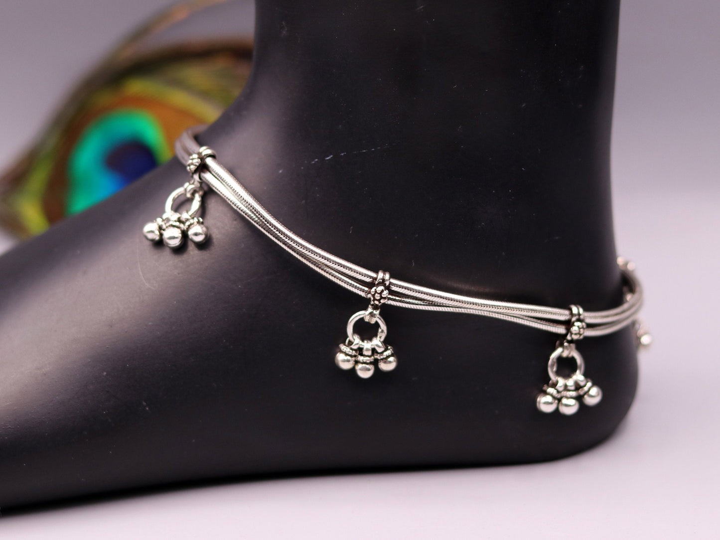 925 Sterling silver handmade vintage antique design stylish anklet foot bracelet with hanging bells tribal belly dance jewelry ank28 - TRIBAL ORNAMENTS
