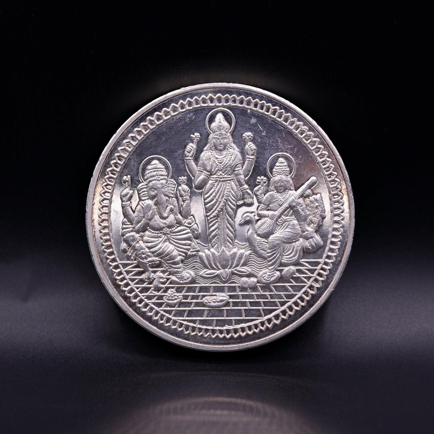 999 solid silver amazing Indian idol lord Ganesha laxmi and sarashwati print 200 grams coin amazing gifting and collcetible coin sst03 - TRIBAL ORNAMENTS