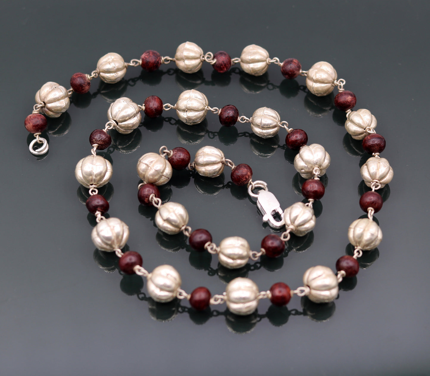 Sterling silver handmade vintage atique silver beads with sandal wood beads necklace chain tribal jewelry from rajathan india sch06 - TRIBAL ORNAMENTS