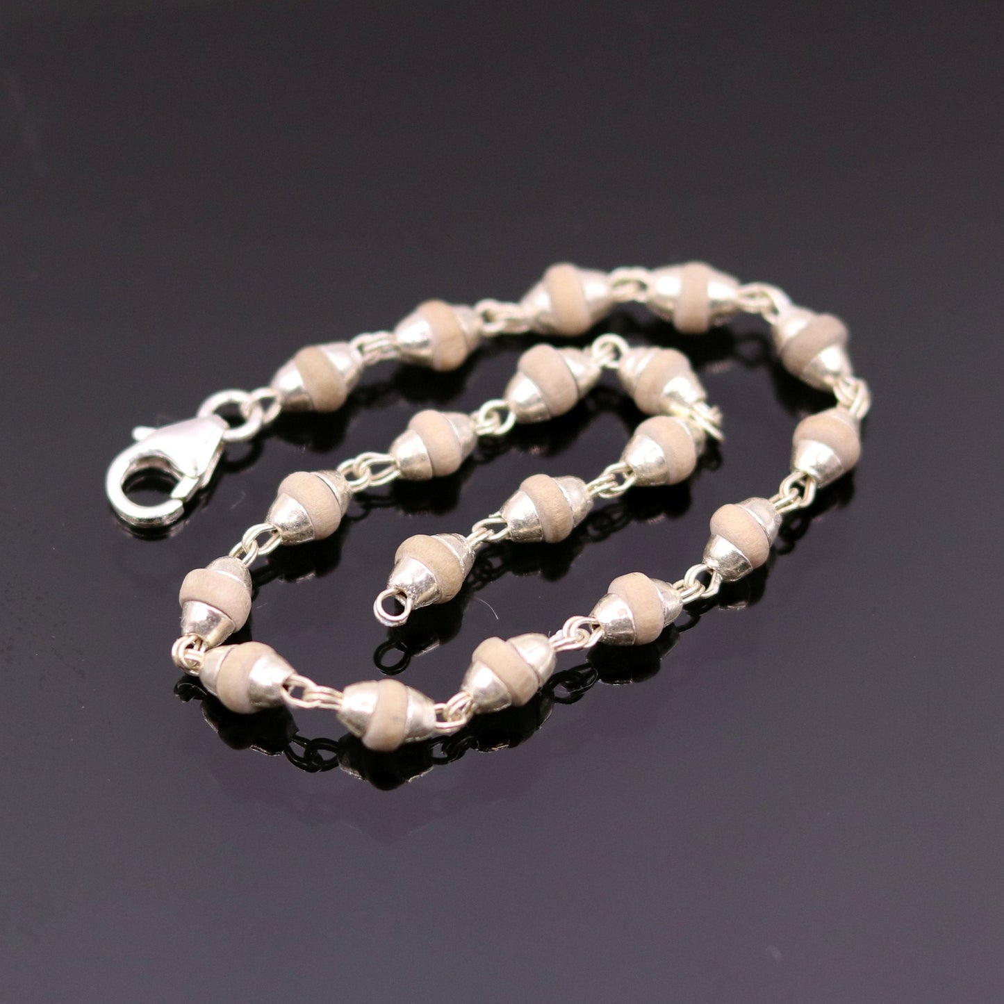 Sterling silver handmade basil rosary beads tulsi plant wood beads fabulous bracelet for unisex jewelry India sbr76 - TRIBAL ORNAMENTS