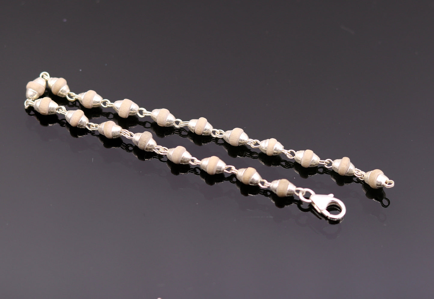 Sterling silver handmade basil rosary beads tulsi plant wood beads fabulous bracelet for unisex jewelry India sbr76 - TRIBAL ORNAMENTS