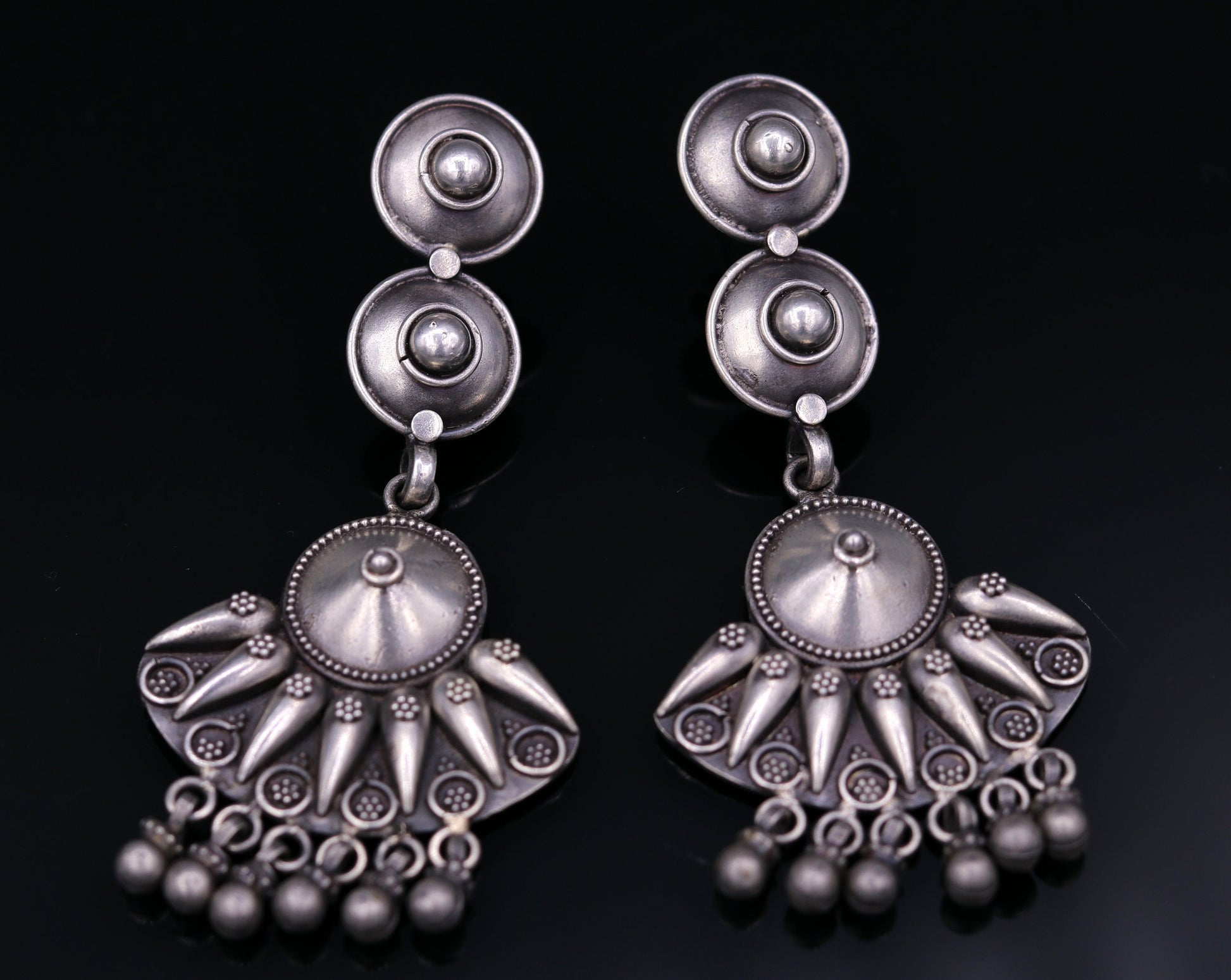 vintage antique design 925 sterling silver drop dangle chandelier long earrings tribal stylish belly dance jewelry from india s680 - TRIBAL ORNAMENTS