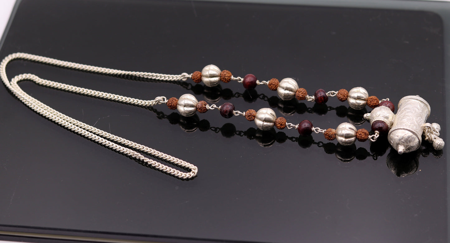 Vintage antique used sterling silver handmade necklace with Rudraksha beads and silver beads necklace tribal jewelry from india set64 - TRIBAL ORNAMENTS