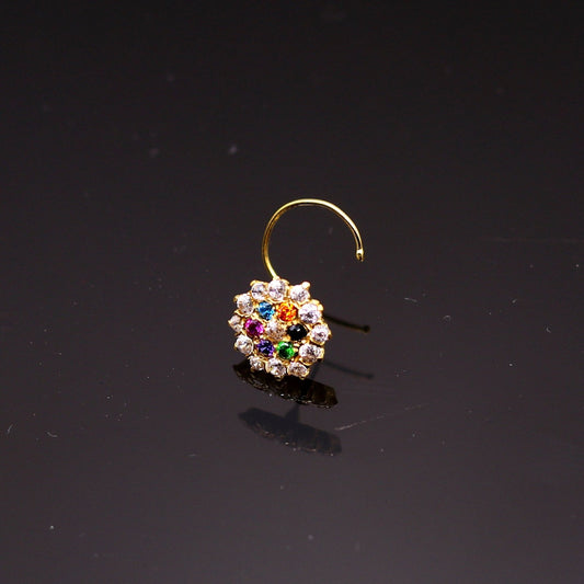 18kt yellow gold handmade fabulous multi color stone cubic zircon nose stud,excellent women girls daily use jewelry from Rajasthan gnp15 - TRIBAL ORNAMENTS
