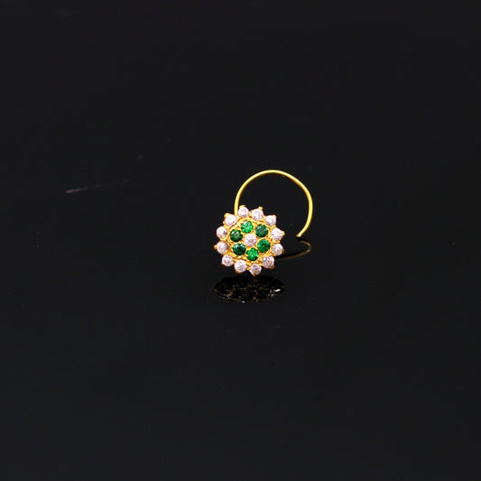 18kt yellow gold handmade fabulous green color stone cubic zircon nose stud,excellent women girls daily use jewelry from Rajasthan gnp16 - TRIBAL ORNAMENTS