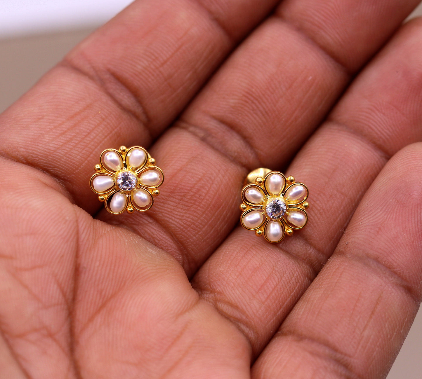 22kt yellow gold handmade stud earrings with fabulous pearl and cubic zircon earrings stylish modern girl's jewelry from india belly dance - TRIBAL ORNAMENTS