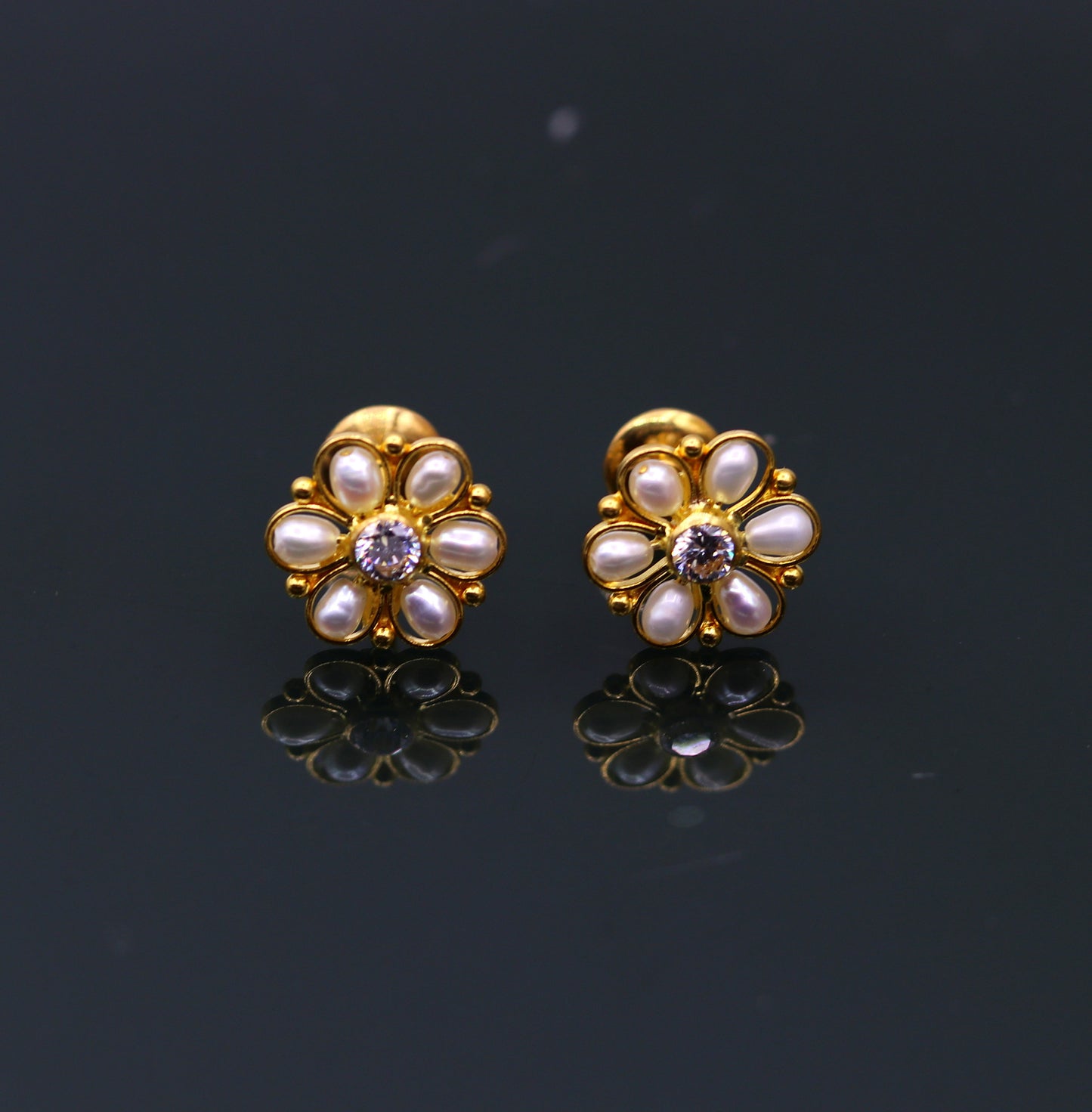 22kt yellow gold handmade stud earrings with fabulous pearl and cubic zircon earrings stylish modern girl's jewelry from india belly dance - TRIBAL ORNAMENTS