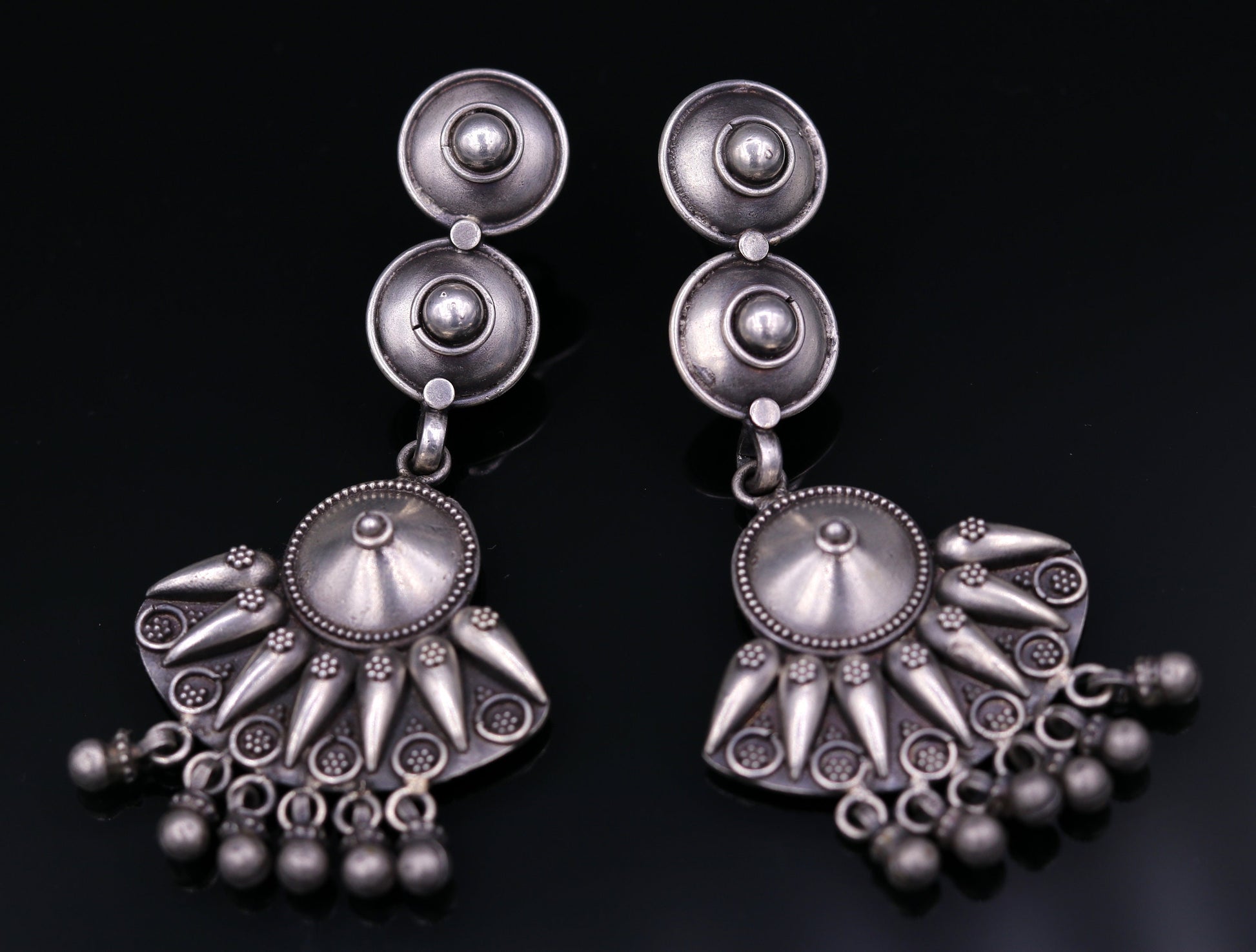 vintage antique design 925 sterling silver drop dangle chandelier long earrings tribal stylish belly dance jewelry from india s680 - TRIBAL ORNAMENTS