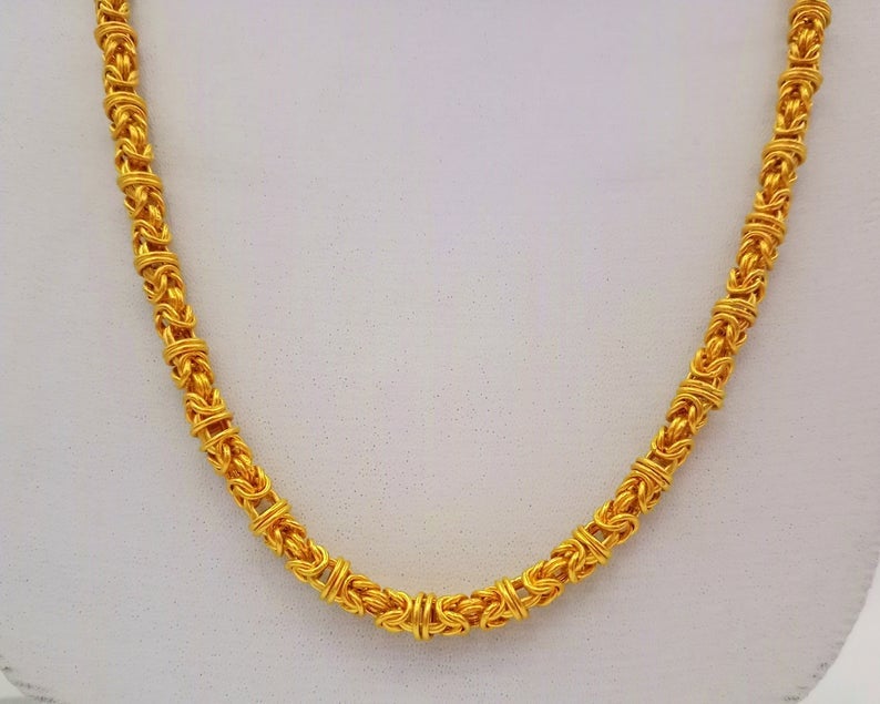 Solid 22 inches long 22k yellow gold handmade fabulous byzantine stylish chain necklace unisex gifting jewel - TRIBAL ORNAMENTS